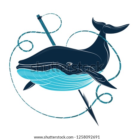 Blue whale and harpoon with rope vector