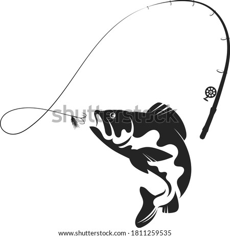 Fish jumping for bait and fishing rod silhouette	