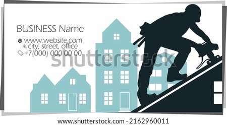 Business card for roofing. Roofer in uniform on the roof. Roof repair and construction with tool