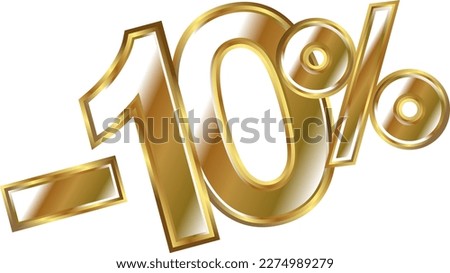 Discount minus 10 percent, golden shiny numbers banner element. Special offer price reduction message promotion store design
