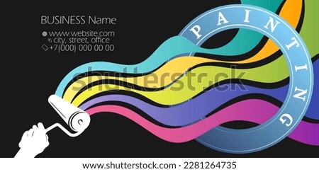 Business card for painting works. Roller in the hand of the painter. Colored paint lines and painting tool