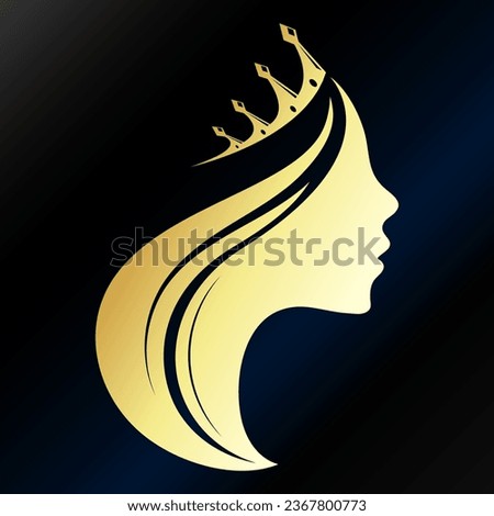 Golden silhouette of a girl with a crown. Symbol for stylist and hair salon