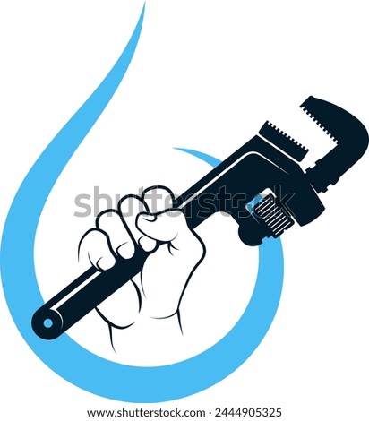 Water wrench in plumber's hand and drop of water