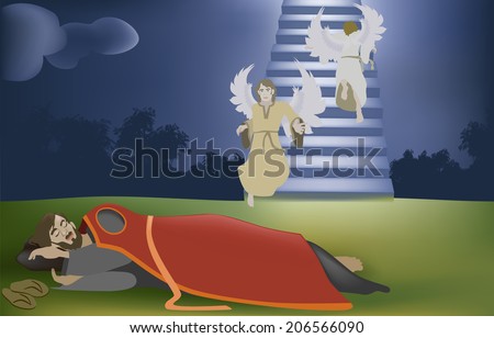 Vector illustration of Jacobs Dream, with Jacob dreaming with his dream illustrated in the background of this image. This vector has gradient meshes (grass,sky, and sky and stairs) genesis 28:10-22