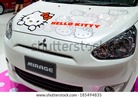 BANGKOK - MARCH 27 : Nissan MIRAGE HELLO KITTY Limited Edition on display at The 35th Bangkok International Motor Show - [Beauty in the Drive] on March 27, 2014 in Bangkok, Thailand.