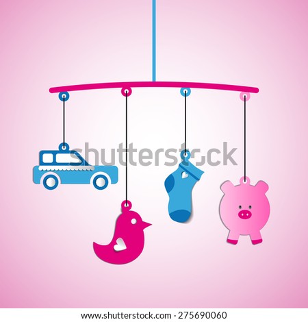 Baby arrival, papercut toys hanging, shower card, born baby