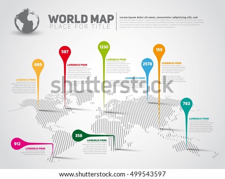 Simple World map infographic communication template with pointer marks, light vector version