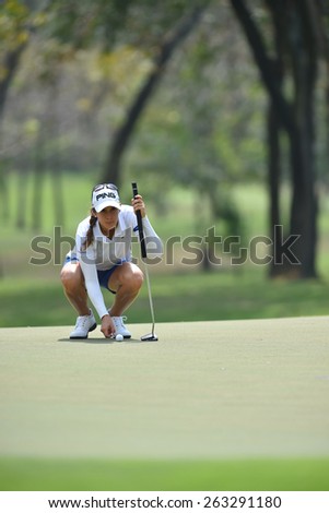 PATTAYA, THAILAND: Asahara Munoz of Spain watches lines up a shot during day one of the Honda LPGA Thailand 2015 at Siam Country Club, Pattaya on Feb 26,2015 in Thailand.