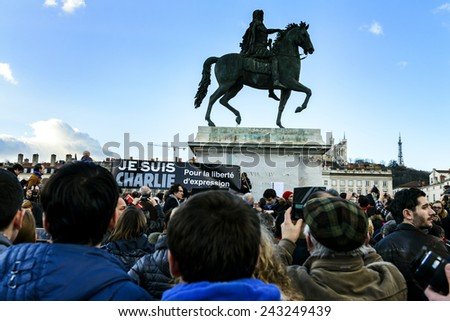LYON, FRANCE - 11 JANUARY 2015: Anti terrorism protest after 3 days terrorist attacks with peaople dead in Paris France, European Capital