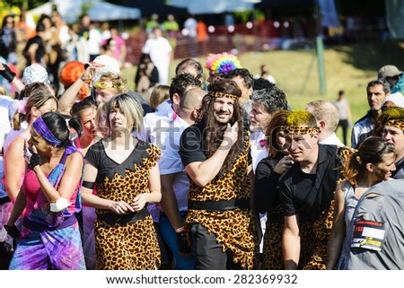 LYON, FRANCE - MAY 24:Ggroup of people all are dressd, Frappadingue race participating in the event, Miribel Jonage Park to Lyon on May 24, 2015. People from all walks of life participated in the run.