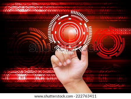 Hand pressing buttons with red technology background