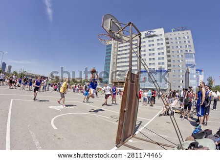 VOLGOGRAD, RUSSIA - MAY 24: The one-on-one with the ring after a good combination during the annual sport event organized by Europa city Mall on May 24, 2015 in Volgograd, Russia.