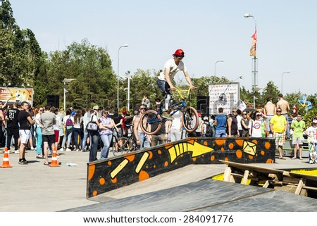 VOLGOGRAD - MAY 24: The BMX cyclist performs a stunt jump. The fifth annual competition for the Cup of Europe city Mall . May 24, 2015 in Volgograd, Russia.