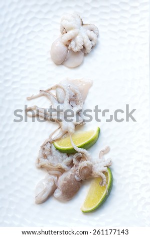 Fresh baby octopus being pickled with lime slices on a white plate. On the plate, still life, copy space