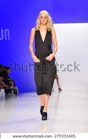 SYDNEY AUSTRALIA - 16 APRIL 2015: Injury clothes collection fashion show runway presented by the Innovators Fashion Design Studio at Mercedes Benz Fashion Week at Carriageworks.