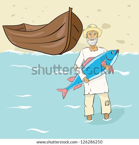 The old fisherman with fish ashore. Raster illustration