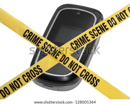 A mobile cell phone is blocked by yellow police tape reading Crime Scene Do Not Cross. The concept represents compromised technology, identity theft, & modern technology crime. Isolated on white.