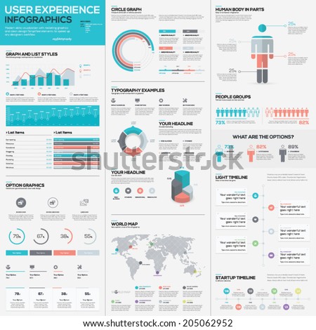 Flat stunning user experience infographic vector element set. Use them for any case. Print, web design, infographics, mobile design, annual reports, graphs and bars.