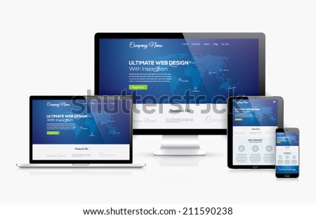 Responsive web design template in realistic vector devices concept with laptop, tablet, computer and smartphone. Illustrate web development and coding topics with this high quality computer set.