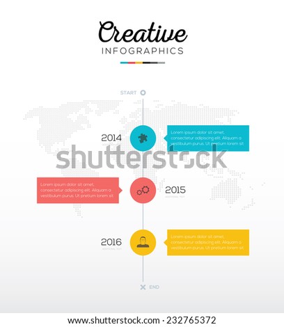 Timeline infographic with three options in flat business colors. Use this vertical timeline in web, print, media, advertisements, annual data visualization etc.