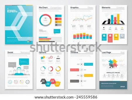 Infographic flyer and brochure designs and web templates vectors. Data visualization and statistic elements for print, website, corporate reports and graphic projects.