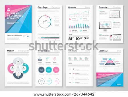 Infographic business brochure templates for data visualization. Use in website, corporate brochure, advertising and marketing. Pie charts, line graphs, bar graphs and timelines.