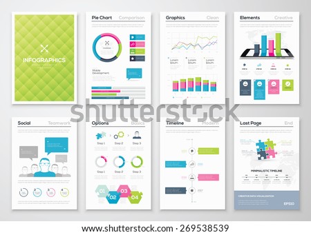 Flyer infographics and brochure templates vector illustrations. Data visualization and statistic elements for print, website, corporate reports and graphic projects. 