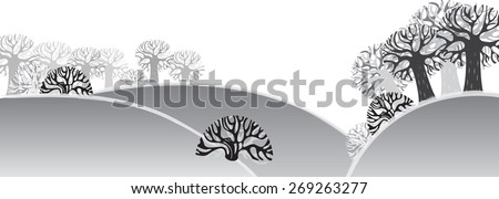 Winter snow landscape with branched old trees without leaves