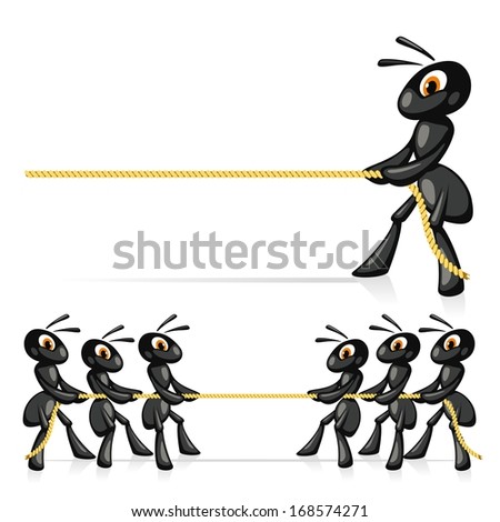 Competition With Rope. Funny ants compete in power and pull a rope.