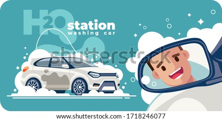 A satisfied and happy customer smiles in the rear view mirror of the vehicle, leaving in a clean white car from the car wash station. His transport was washed with water with foam.
