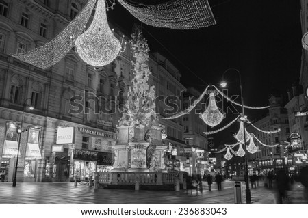VIENNA, AUSTRIA - December 11, 2009: Vienna - famous Graben street at night with Christmas chandeliers in Vienna, Austria. on December 11, 2009.