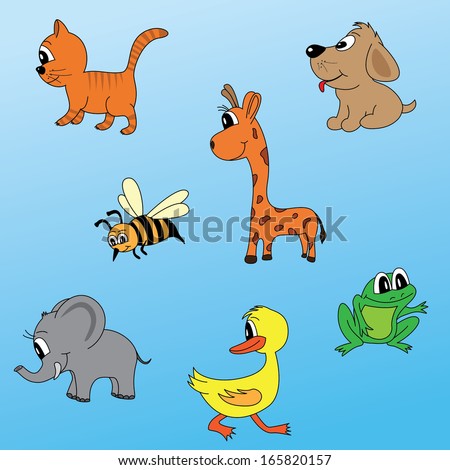 The funny cartoon animals cat dog duck elephant giraffe bee frog in vector