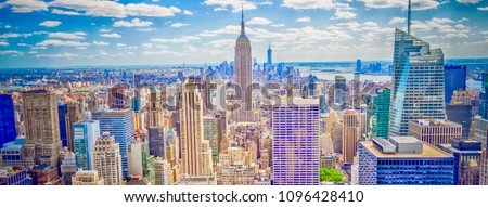 Aerial panoramic view of the New York City skyline from Midtown Manhattan, USA