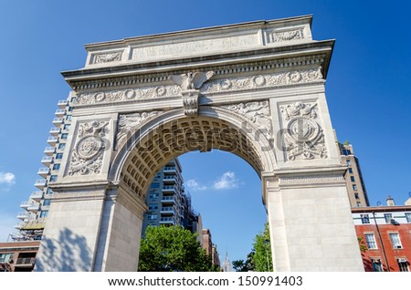 NEW YORK - JUNE 1: Washington Square Arch on June 1, 2013 in New York. The arch was built in 1892 to commemorate George Washington centennial inauguration as president.