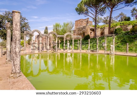 The Ancient Pool called Canopus, surrounded by greek sculptures in Villa Adriana (Hadrian\'s Villa), Tivoli, Italy