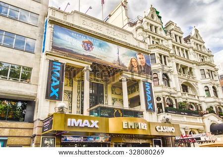 LONDON - MAY 28: Facade of the Empire Cinema in Leicester Square, London, on May 28, 2015. The Empire cinema was built in 1884 by Thomas Verity.