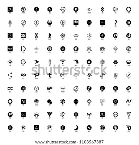 Set of hundred cryptocurrency logos, black and white, full names and official symbols in layers panel, part 2