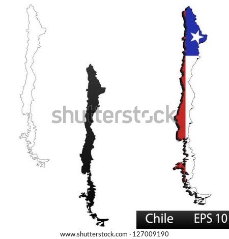 Maps of Chile, 3 dimensional with flag clipped inside borders,and shadow, and black and white contours of country shape, vector