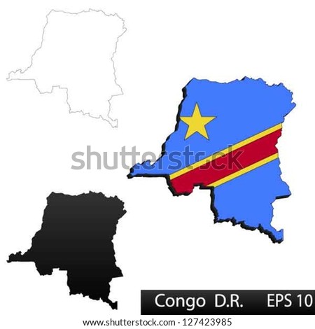 Maps of Democratic Republic of the Congo, 3 dimensional with flag clipped inside borders,and shadow, and black and white contours of country shape, vector