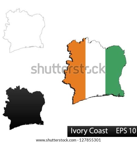 Maps of Ivory Coast, 3 dimensional with flag clipped inside borders,and shadow, and black and white contours of country shape, vector