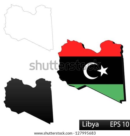 Maps of Libya, 3 dimensional with flag clipped inside borders,and shadow, and black and white contours of country shape, vector