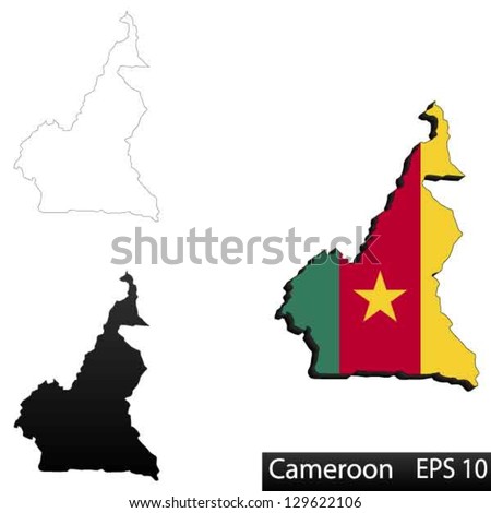Maps of Cameroon, 3 dimensional with flag clipped inside borders,and shadow, and black and white contours of country shape, vector