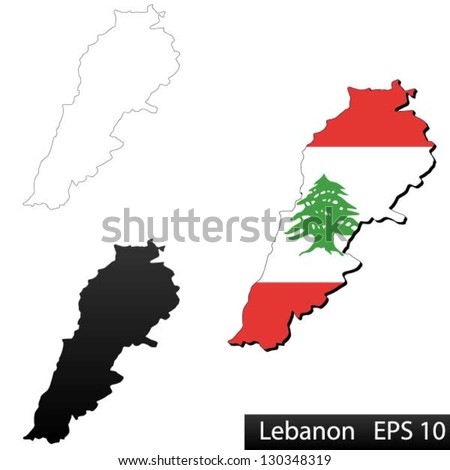 Maps of Lebanon, 3 dimensional with flag clipped inside borders,and shadow, and black and white contours of country shape, vector