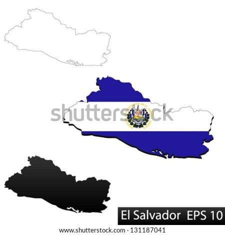 Maps of El Salvador, 3 dimensional with flag clipped inside borders,and shadow, and black and white contours of country shape, vector