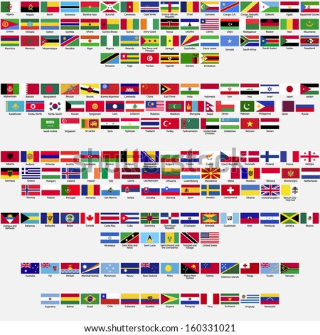 Flags of the world, all sovereign states recognized by UN, collection, listed alphabetically by continents, eps 10 