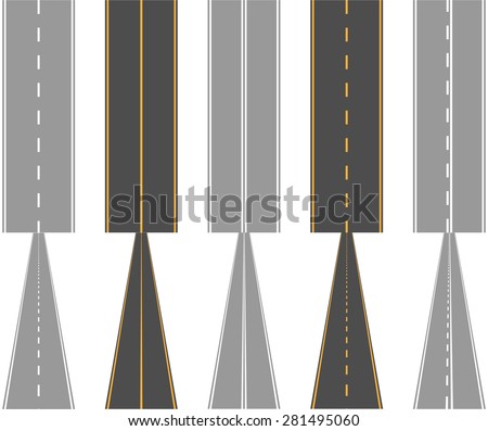 Asphalt roads, with traffic surface marking lines, normal and perspective view