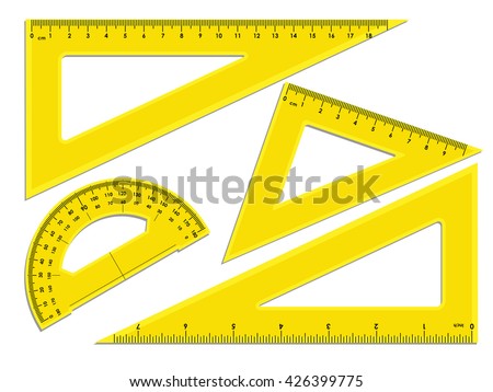 Triangle rulers and protractor, rulers marked in centimeters and inches