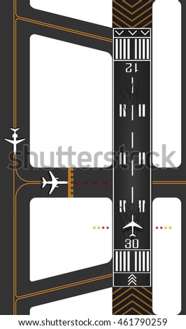 Airplane runway with exits, surface guides for taxing and queued planes waiting for takeoff clearance