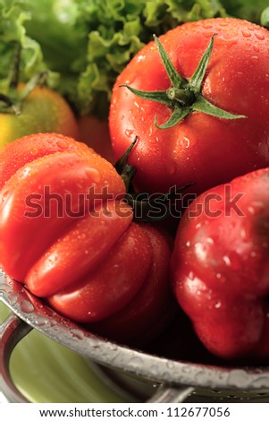 Washing red beefsteak tomatoes and lettuce leaves   in a collander