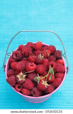Bucket of freshly picked raspberries, top view